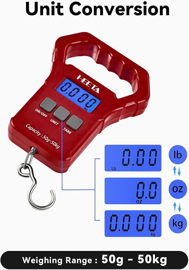 HEETA Fish Scale 110lb/50kg Digital Hanging Fishing Luggage Weight Scale | Portable with Backlit LCD Display, Hook & Non-Slip Large ABS Handle, Fishing Gifts Gear for Men, 2 AAA Batteries Included - Image 3