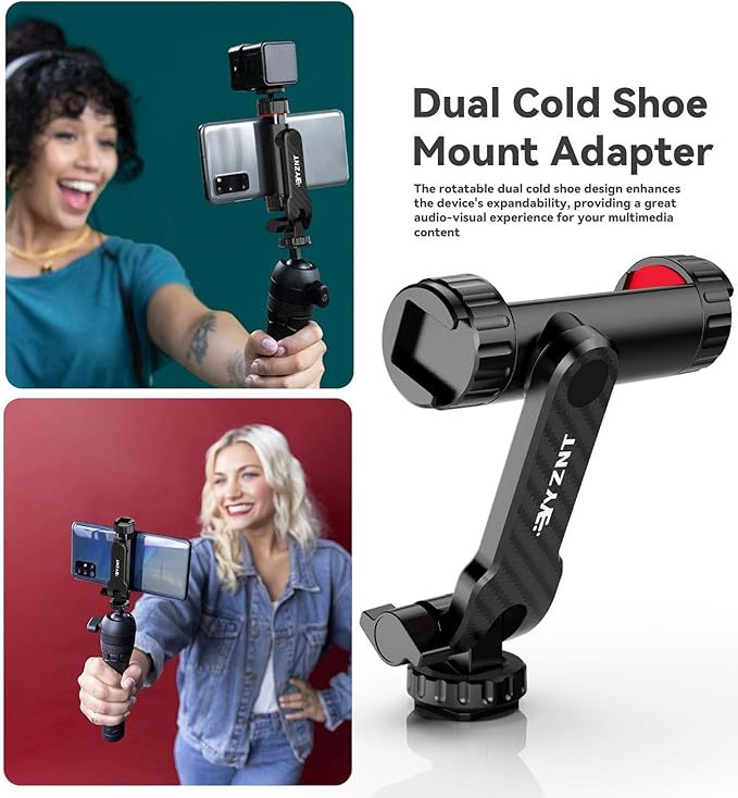 Phone Tripod Mount, Universal Smartphone Holder with 2 Cold Shoe Mount Adapter and 1/4" Standard Screw Thread, 360°Rotation & 180°Tilt Phone Clamp Compatible with iPhone & Android for Photography - Image 2