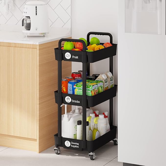 Laiensia 3-Tier Storage Carts,Multifunction Utility Rolling Cart Kitchen Storage Organizer,Mobile Shelving Unit Cart with Lockable Wheels for Bathroom,Laundry,Living Room,With Classified Sticker,Black - Image 4