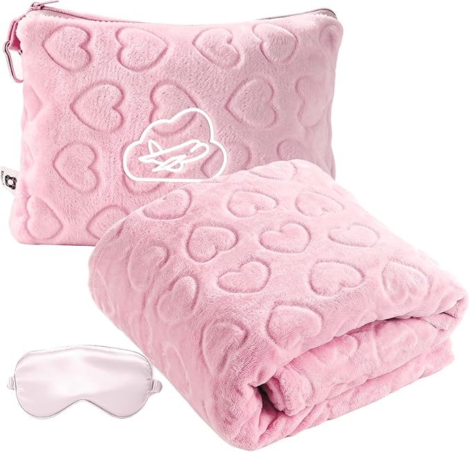 Travel Blanket, Airplane Blanket, Ultra-Soft, Warm & Lightweight, 65x40 in, Outdoor Blanket Essentials for Women, Men & Kids, Included Eye Mask, Luggage Sleeve & Backpack Clip Heart Pink by ENZOLVE