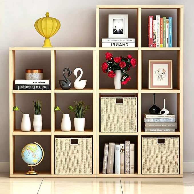Wicker Storage Basket, Set of 2 Hand-Woven Paper Rope Wicker Baskets, Foldable Cube Storage Bins, Beige Storage Basket, Square Baskets for Organizing Shelves & Decor, Beige(13″×13″×13″) - Image 4