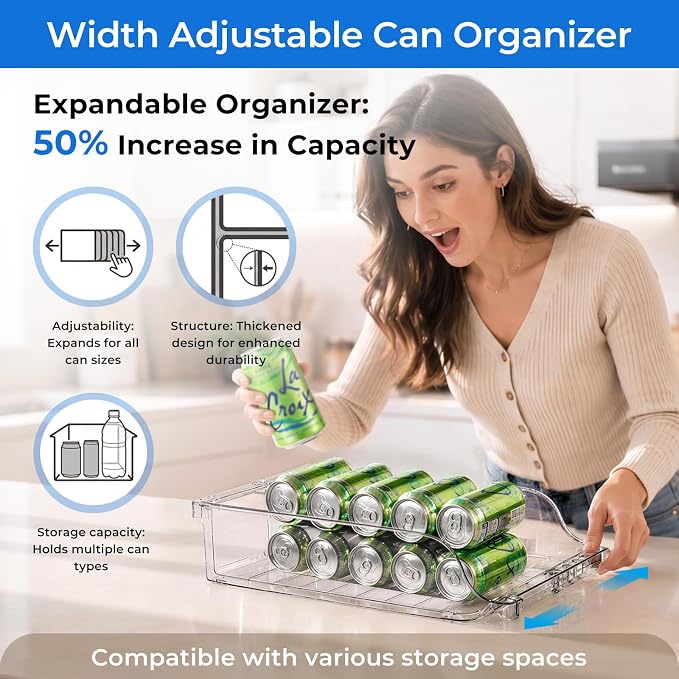 4 Packs Refrigerator Organizers and Storage Width Adjustable Can Organizer for Refrigerator Expandable Soda Can Dispenser for Beer Soda Pop Can Soda Organizer for Fridge Kitchen Pantry Clear - Image 3