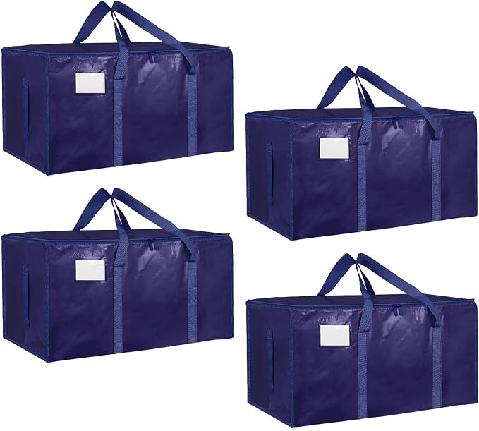 4 Pack-Extra Large Heavy Duty Moving Bags - Waterproof Storage Totes with Handles & Zippers, Foldable for College Dorm, Storage (Dark Blue) by Unknown
