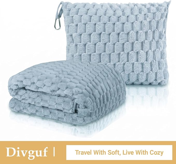 Travel Blanket with Bag, Soft Fleece Portable Airplane Blanket, Light Blue | Soft fleece travel blanket 50x60in grey. 5-in-1: pillow, lumbar support, shawl, hand warmer. Washable, luggage sleeve, clip. - Image 8