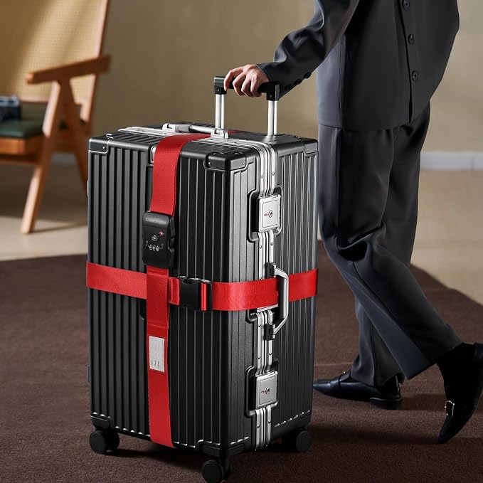 Travel Inspira Heavy Duty Luggage Straps with TSA Lock | Cross-Strap Design; 103-200cm Length; TSA Lock with Tag; Nylon Webbing; Quick Buckle; High Visibility Red;Anti-Burst - Image 7