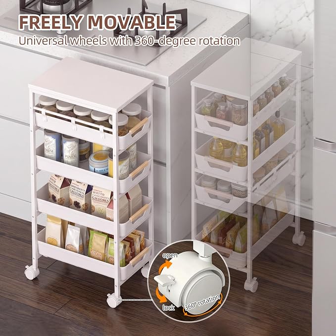 5 Tier Slim Rolling Storage Cart with Pull-Out Drawers, White | Narrow Utility Organizer Cart, Wooden Top, Wheels, For Small Spaces, Kitchen, Bathroom, Laundry Room - Image 3