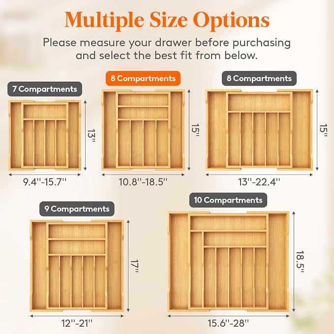 Lifewit Silverware Drawer Organizer, Wooden Utensil Tray for Kitchen | Expandable Flatware and Cutlery Holder, Adjustable Storage for Spoons Forks Knives, 10.8-18.5 x 15", Natural - Image 2