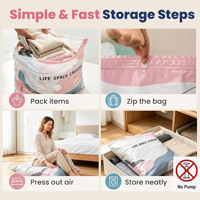 3PC No Pump Vacuum Storage Bags, No Pump Large Vacuum Storage Compression Bags, Thick Airtight Reusable Organizer for Clothes Comforters Travel Moving Closet Storage (M) - Image 4