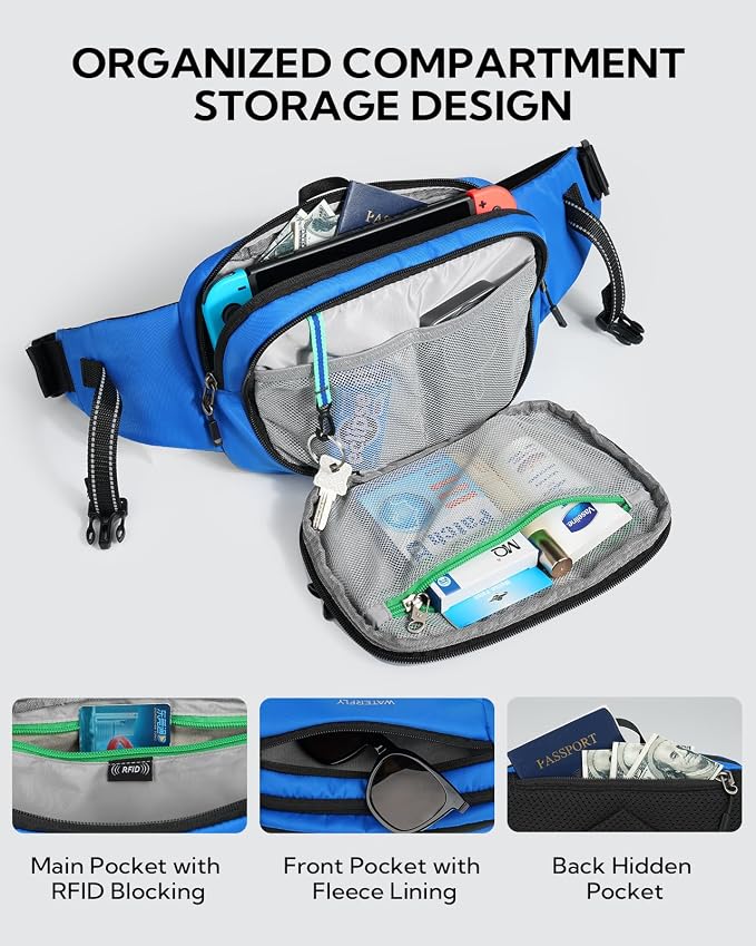 WATERFLY Fanny Pack Waist Bag: 3L Large RFID Anti-Theft for Travel | 180-Degree Opening Design, 5 Pockets, Nylon, Reflective Webbing, Adjustable Buckles, Hiking Daily Use, Women Men - Image 4