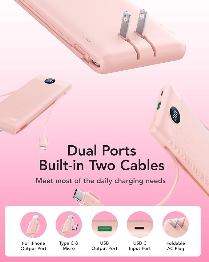 VRURC 22.5W Portable Charger 10000mAh Fast Charging with Built-in AC Plug | powe bank battery pack, travel essentials for women,USB C cable, Ultra Slim,pocket size Pink - Image 2