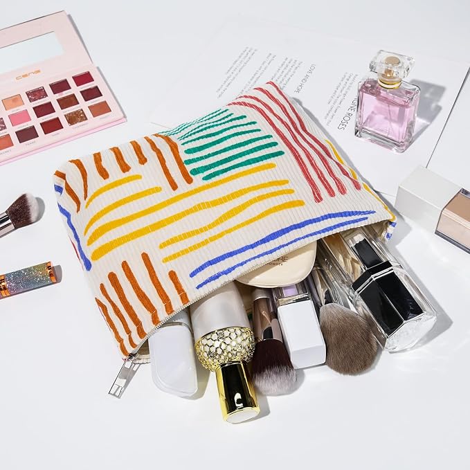 SOIDRAM 2 Pieces Stripes Makeup Bag Large Corduroy Cosmetic Bag Capacity Canvas Mix Travel Toiletry Bag Organizer Cute Makeup Brushes Aesthetic Accessories Storage Bag for Women, Stripes Mix Colorful - Image 6