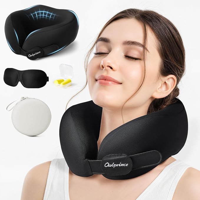 Travel Neck Pillow for Airplane, Neck Travel Pillow, Upgraded Soft 100% Pure Memory Foam - Lightweight and Stowable - Ergonomic Design for Long Flights, Car, Train, Office Use by Home