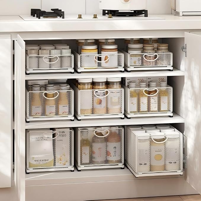 2 Pack Pull Out Cabinet Organizer, No Drill Adhesive Sliding Drawers for Kitchen, Metal Mesh Wire Storage Shelf for Pantry & Under Sink, White (9.6" W x 15.7" D x 3.9" H) - Image 8