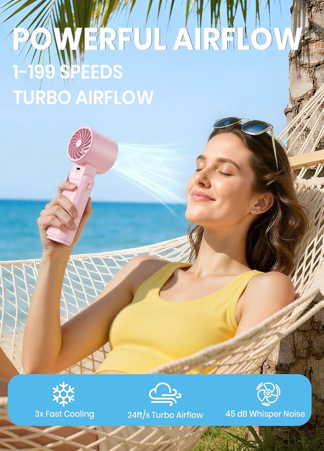 Portable Handheld Turbo Fan, 1-199 Speed Adjustable, Pink | 4 IN 1 Pocket Design with LED Display, High-Power Motor, Rechargeable Battery, Mini Fans for Indoor/Outdoor/Travel/Work - Image 2