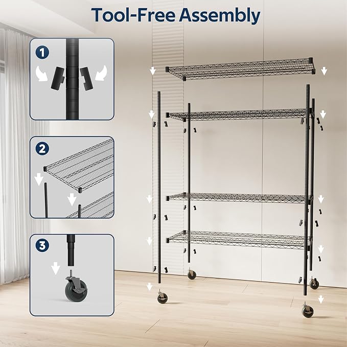 Whitmor 4 Tier Storage Shelves with Wheels, Heavy Duty Metal Shelving Unit, 625 lbs Capacity per Shelf, 2500 lbs Total for Kitchen, Garage, Plant, 55" L x 24" W x 72" H, Black - Image 6
