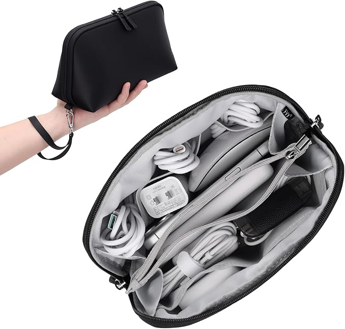 FYY Travel Cable Organizer - 8 Compartments, Lightweight, Water Repellent | With Wrist Strap, Portable Tech Pouch for Cord Charger, Travel and Business Trips Use, Soft Shell Nylon, Black (Large) by FYY