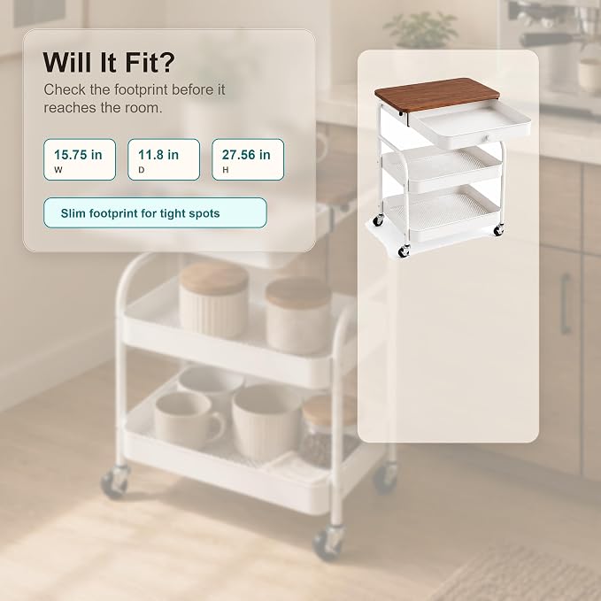 3 Tier Rolling Cart with Hidden Drawer and Wood Top, Small Space Storage Cart with Wheels, Coffee Station Organizer and Side Table Cart for Living Room, Bedroom, Kitchen, White - Image 5