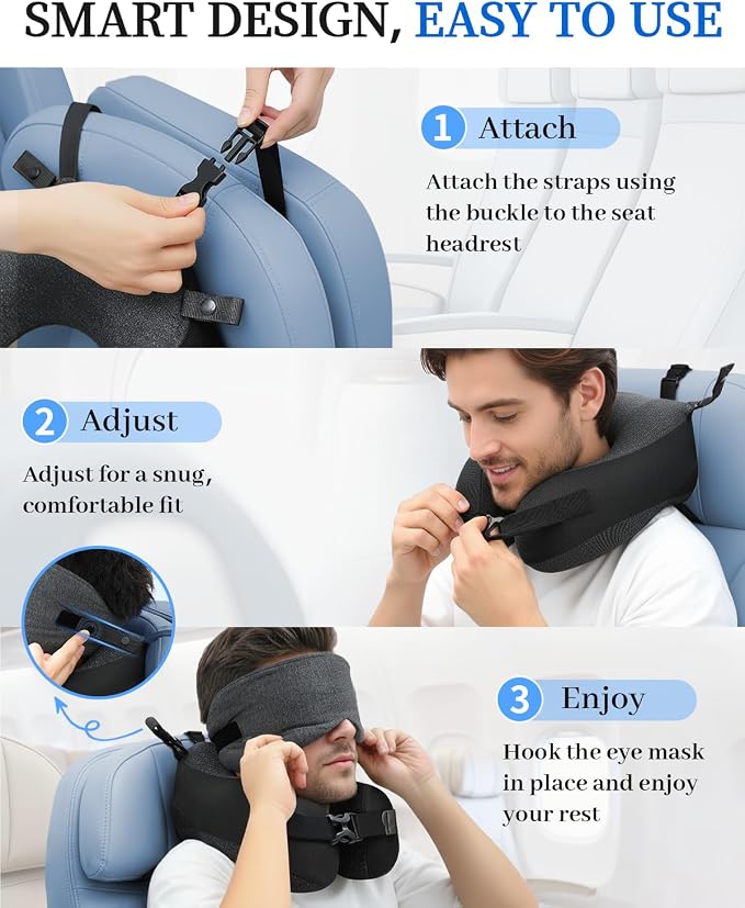 Travel Pillow for Long Flight Airplanes, Head Strap with Soft Eye Mask for Sleep, Memory Foam Travel Neck Pillow for Car Trip Essential, 360° Headrest Support to Stop Head Bobbing, EVA Case, Grey - Image 5