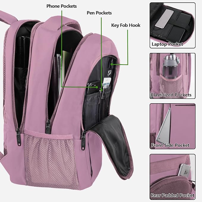MATEIN Dark Purple Personal Item Backpack, Underseat 15.6 Inch Laptop Bag | Water Resistant Sturdy, Slim Daypack for College, Luggage Strap, Anti Theft, Gifts for Women, Dark Purple - Image 4