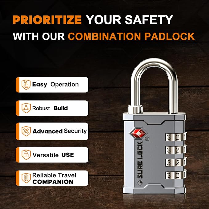 SURE LOCK TSA Accepted 4 Dig Heavy Duty Big Combination Luggage Padlock All Metal Travel Lock for Equipment Hard Case Luggage Gun Case Gym Locker Pelican Vault Lock (1, Silver) - Image 4