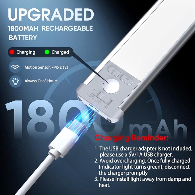10inch Under Cabinet Lighting with 3 Color Temps, 2 Pack Rechargeable Motion Sensor Light Indoor, 5 Levels Dimmable Magnetic Closet Lights, Wireless Under Counter Lights for Kitchen, Stairs - Image 6