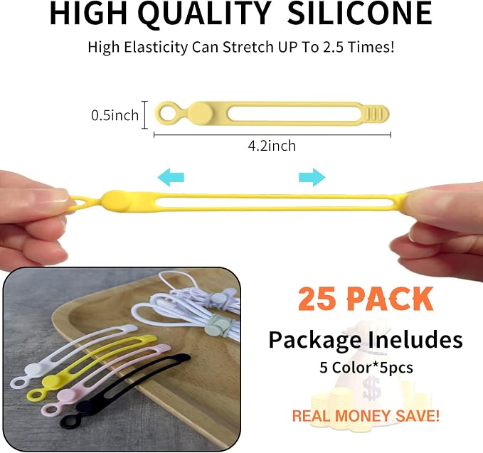 [25Park]UMUST Silicone Cable Ties,Reusable Cable Management Organizer,Cable Straps,Cord Ties,Multipurpose Elastic Cord Organizer for Bundling and Fastening Cable Cords Wires(Multi -colored) | Reusable Cord Ties, Cable Strap Tie for Bundling Electronics... - Image 2