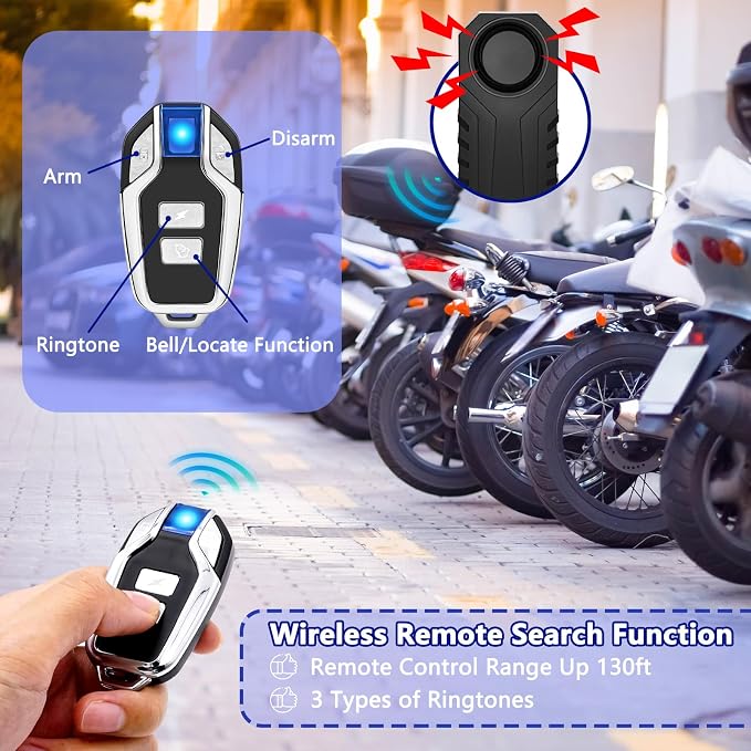 Wireless Bike Alarm with Blue Light Remote | 113dB Vibration Motion Sensor Alarm,IP65 Waterproof,7-Level Sensitivity,SOS Alert,for Bicycle,Motorcycle,Scooter - Image 3