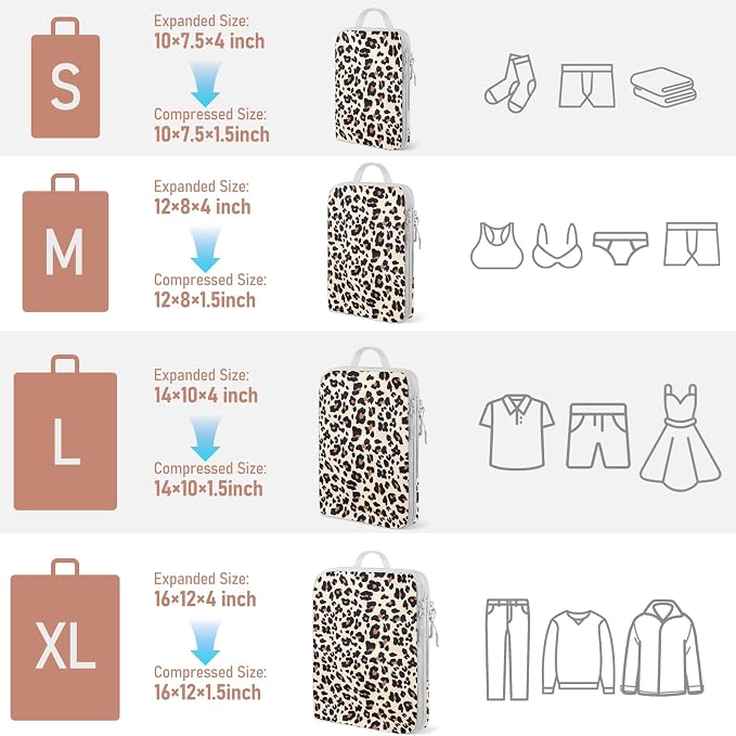 4 Set Compression Packing Cubes For Travel Bags Organizer For Luggage Suitcase Organizer, Compression Bags For Travel Accessories Luggage Storage Set (4 Pcs, Brown Leopard) - Image 4