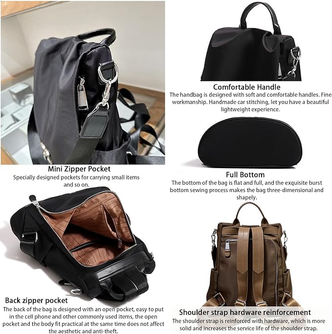 SIRDIKA Women Oxford Cloth Backpack - Anti-Theft Multi-Purpose Large Capacity Oxford Cloth Lightweight Shoulder Bag 3-Way Waterproof Crossbody Bag (Black) - Image 5