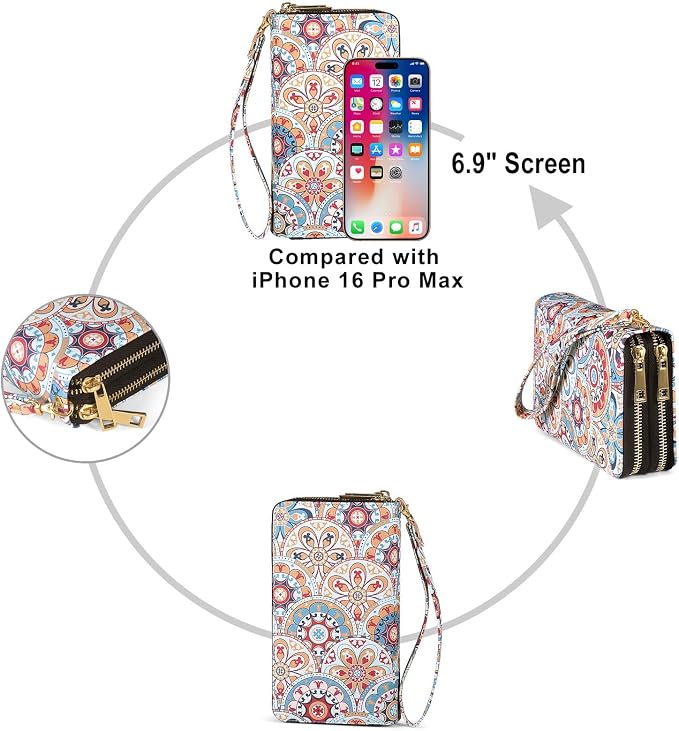 RFID Blocking Cellphone Wallet for Women with Removable Strap, Double Zipper Wristlet Bag Large Capacity, Ladies Travel Clutch Purse, Artistic Flower - Image 6