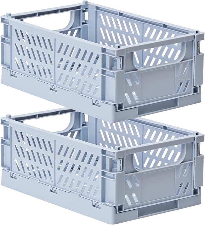 HUUSMOT 2-Pack Collapsible Plastic Storage Baskets, Blue, 9.8"x6.5"x3.8" | Pastel, Space-Saving, Collapsible Plastic Bins, Cute Mini Storage Crates, for Classroom, Kitchen, Office, Bedroom by HUUSMOT