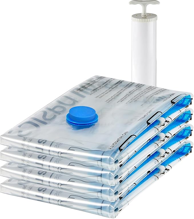 Amazon Basics Vacuum Storage Bags for Blankets, Vacuum Compression Space Saving Storage Bags with Hand Pump for Clothes Packing, X-Jumbo, 4-Pack by AmazonBasics
