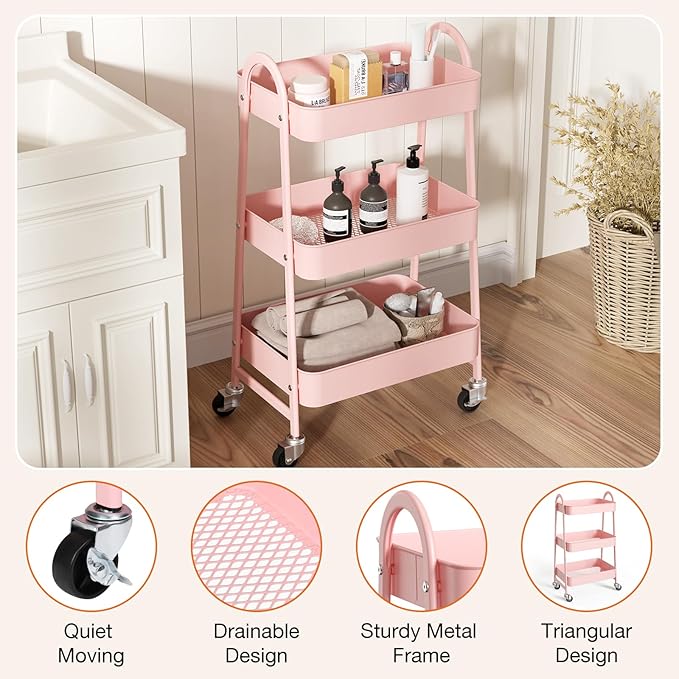 NEWBULIG 3-Tier Metal Rolling Cart with Lockable Wheels, Heavy Duty Mobile Utility Storage Shelf, Roller Book Snack Cart, Organization for Livingroom, Bathroom, Office, Pink | Mobile Organizer Shelf, Space-Saving, Freestanding, Bathroom, Living Room, S... - Image 2