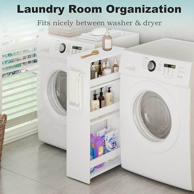 MARTY Slim Rolling Storage Cart, Wood Utility Kitchen Bathroom Laundry Cart | 4 Tier Kitchen Cart with Wheels Handle, Laundry Room Organization Between Washer and Dryer, Narrow Storage Cabinet, 8” Wide - Image 3