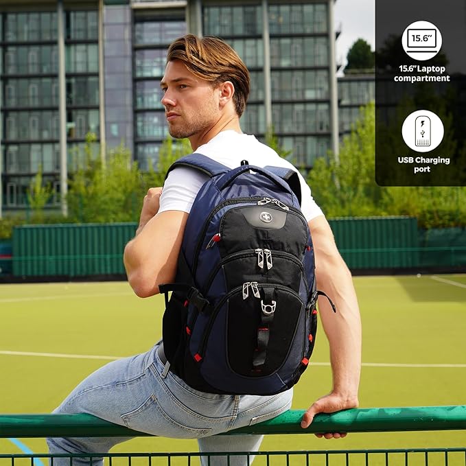 Swissdigital Design Laptop Backpack with USB Charging Port, Travel Backpack Fits 15.6 inches Computer, 31l College School Backpack for Men, Blue/Black | SD803-12 - Image 6