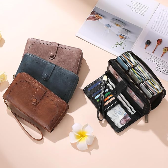 GAEKEAO Leather Credit Card Holder Wallet for Women RFID Blocking Large Capacity Bifold Zipper Card Case Organizer with Wristlet 45 Slots - Image 6