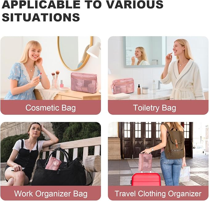 NOL 3-Pack Mesh Travel Toiletry Bags - Clear Zipper Travel Organizer, Airport Carry-On Compliant Reusable Cosmetic Makeup Bag for Women & Men (Dark pink) - Image 7