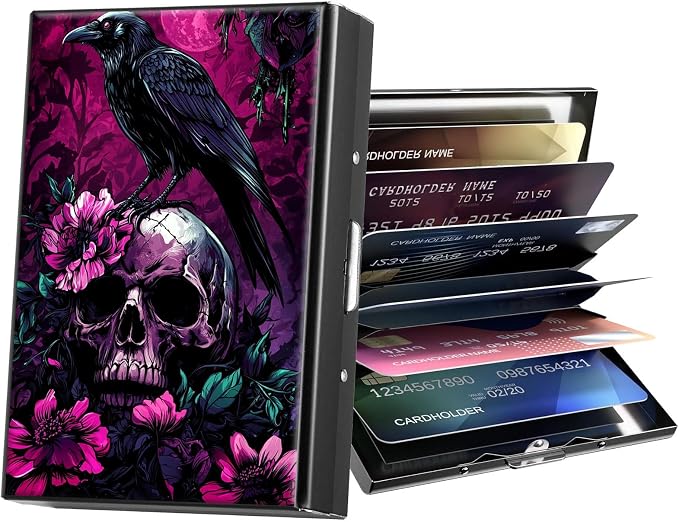 Metal Wallet,Credit Card Holder for Women Men,RFID Blocking Card Holder Wallet Mini Slim Aluminum Wallet ID Case Hard Card Case Business Card Holder Case,Flower Skull Crow by ACWDMKH