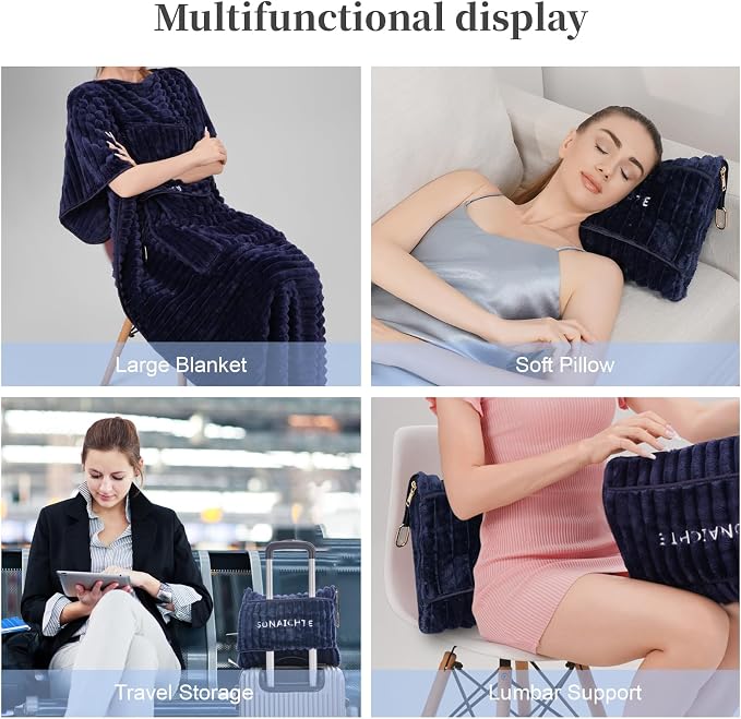 Travel Pillow and Blanket Set Travel Blanket Airplane Compact with Bag Travel Blanket Airplane Travel Essentials Car Blankets for Adults (Navy Blue) - Image 5