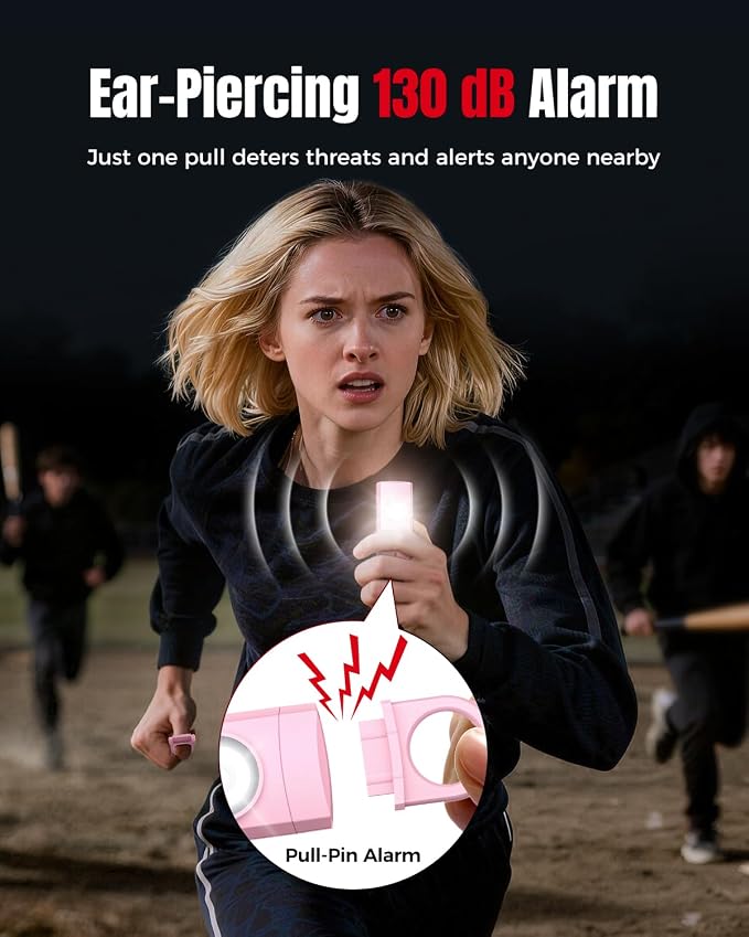 ESSAGER Personal Safety Alarm for Women, 130 dB Self Defense Siren, Rechargeable & Portable with Keychain and Carabiner, Low Battery Notice, LED Strobe Light for Kids, Seniors, College Students(Pink) - Image 9