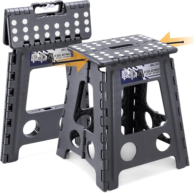 Delxo 16 Inch Folding Step Stool,Foldable Step Stool for Adults Dark Grey | Step Stool with Safety Lock,Portable Collapsible Step Stool,Non-slip Folding Stools for Kitchen Bathroom Bedroom Garden 1PC by Delxo