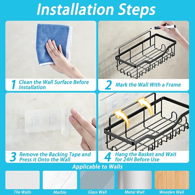 Fammart Adhesive Shower Caddy, 5-Pack Rustproof Stainless Steel Bathroom Organizer with 28 Hooks, No-Drill Large Capacity Shower Shelves for Bathroom Storage & Home Décor, Black - Image 9