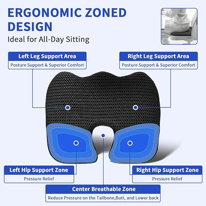 Gooo&Ma Air Fiber Seat Cushion, U-Shape Tailbone Comfort, Black | Breathable cooling, ergonomic design, for office chair/car/gaming, washable, non-slip base, 19.7"x15.7"x1.6" - Image 4