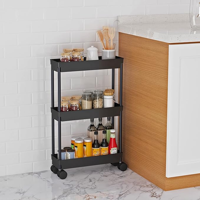 Sooyee 3 Tier Rolling Cart with Wheels, Black | Slim Storage Cart, Narrow Storage Cabinet, Under Desk Storage, For Office Bathroom Kitchen Laundry Room - Image 2