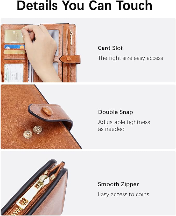 BOSTANTEN Womens Leather Wallet RFID Large Capacity Credit Card Holder | 4 ID Windows, 16 Card Slots, Zipper Coin Pocket, Clutch Wallet, Long Bifold, Ladies Gifts, Brown - Image 5