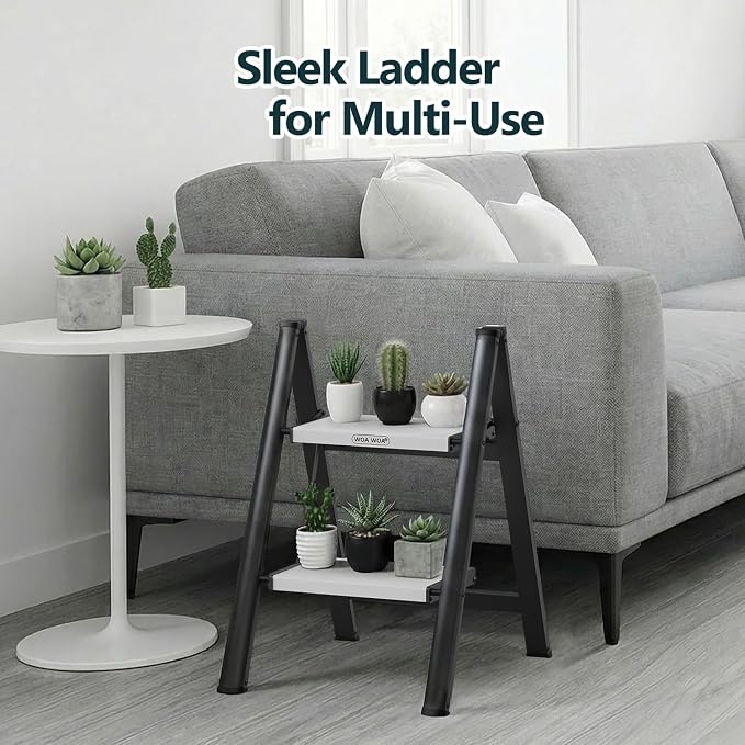 2 Step Ladder, Foldable Step Stool, 300lbs Load, Black & White | Folded 27''H x 3''T; Net 6.9 lbs; Rigid Aluminum Steps; No Assembly; For Home, Kitchen, Office, Pantry, Closets, Cabinets - Image 8