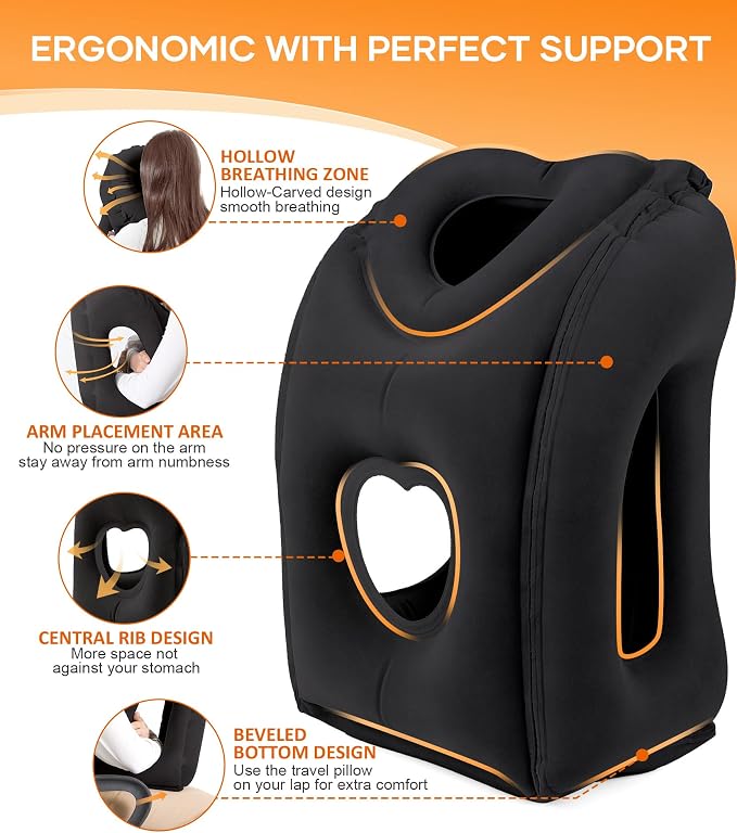 Sunany Travel Pillow, Upgraded Plane Pillow for Long Flights, Inflatable Neck Pillow Used for Airplanes,Cars,Buses,Trains,Office Napping with Eye Mask,Earplugs (Black) - Image 3