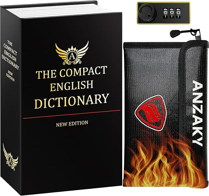 Dictionary Diversion Book Safe with Combination Lock and Fireproof Money Bag, ANZAKY Dictionary Storage Box for Cash Safe Hidden, Money Hiding Box, Secret Portable Metal Compartment Safe by ANZAKY