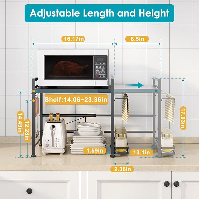 Expandable Microwave Stand Kitchen Countertop Organizer With Storage, Black | Adjustable Microwave Oven Rack Metal Storage Shelf for Pans Small Appliances Kitchen Utensils Tableware, 2-Tier - Image 3