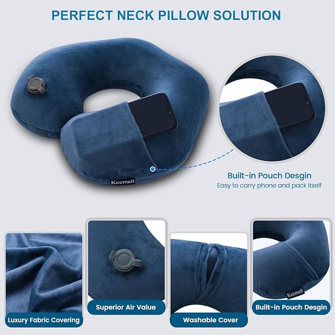 Keemall Inflatable Neck & Shoulder Travel Pillow for Airplane Naps | Portable Foldable Neck & Back Support with Adjustable Firmness, Headrest for Long Flights & Travel Sleep, Deep Blue - Image 4